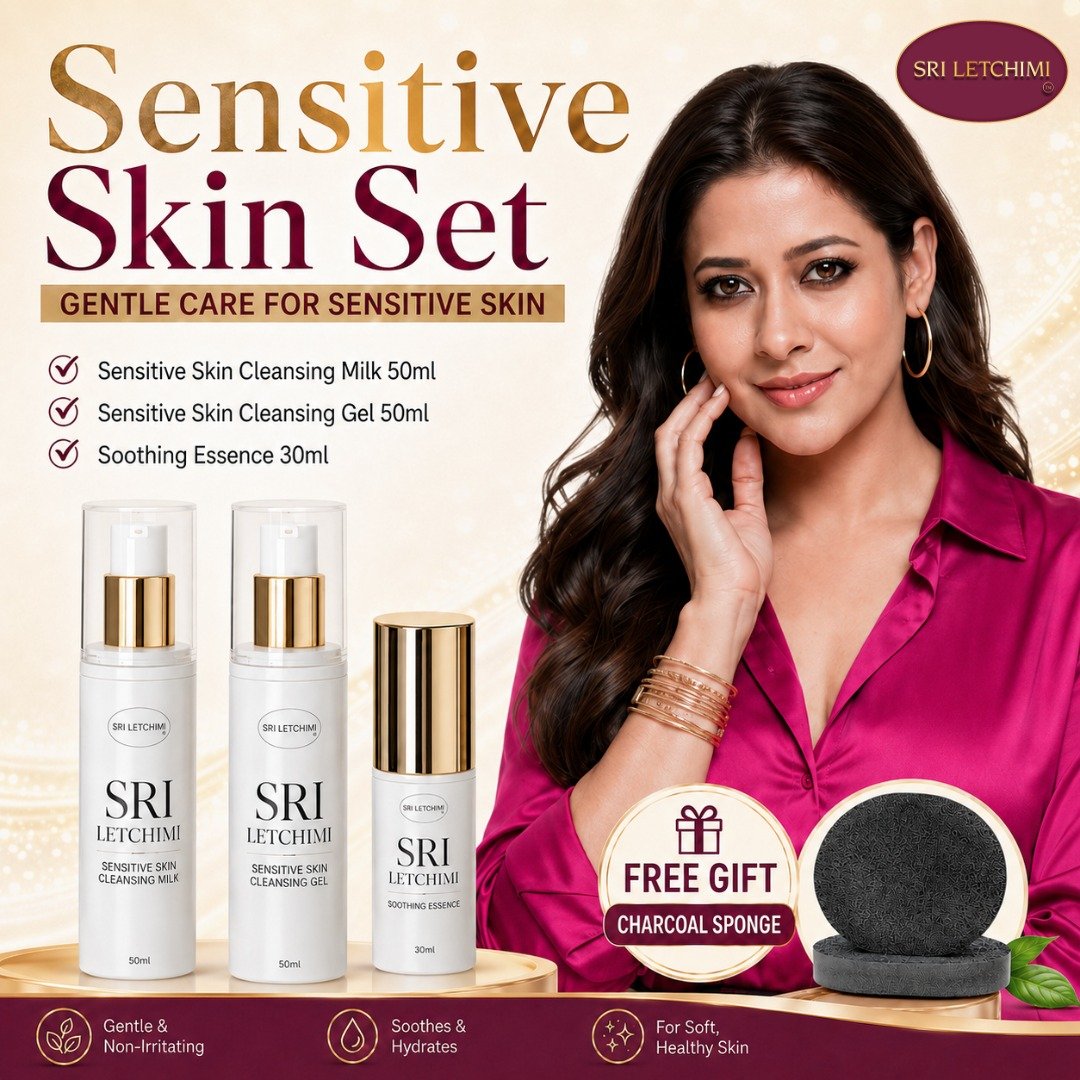Sensitive Skin Care | Cleansing Milk | Cleansing Gel | Soothing Essence | Free Charcoal Sponge | Sri Letchimi | Golden Shine HQ
